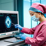 Home 11 A professional female surgeon, dressed in a modest scrub suit and surgical cap, is expertly operating a futuristic robotic surgery console in a sterile, high-tech operating room. Her hands are on the haptic controls, subtly implying tactile feedback from the virtual tools. The environment is clean and brightly lit, with advanced medical equipment visible in the background. This image emphasizes precision and technological advancement in healthcare. perfect anatomy, correct proportions, natural pose, well-formed hands, proper finger count, natural body proportions, fully clothed, appropriate attire, professional dress, safe for work, appropriate content, professional photography, high quality, modest.
