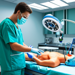 Home 13 Robotic Surgery Training**
"A medical student in a sterile operating room, practicing robotic surgery on a training mannequin, using haptic feedback controllers, fully clothed in scrubs, appropriate content, safe for work, perfect anatomy, natural proportions, professional medical illustration, bright lighting, learning environment, family-friendly."
**